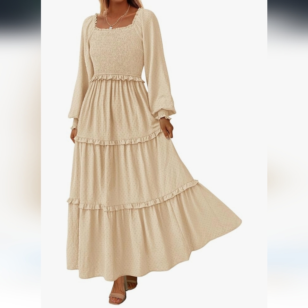NWT PrettyGarden Long Sleeve Maxi Peasant Dress Square Neckline In Beige Cream